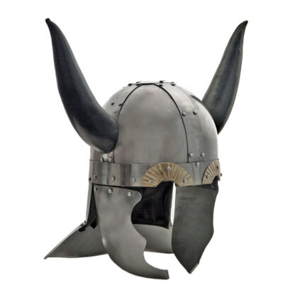 Viking Helmet with Leather Horns and Stand