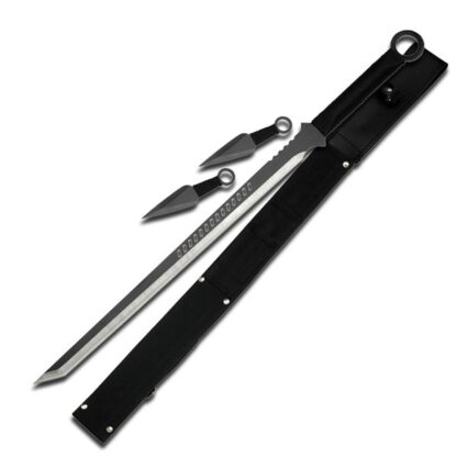 Black Ninja Sword With Set Of 2 Kunai Throwing Knives Combo Set With Back Belt Sheath