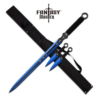 Blue Ninja Sword With Set Of 2 Kunai Throwing Knives Combo Set With Back Belt Sheath
