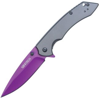 Assisted Open Folding Pocket Knife with Grey handle and Purple Blade