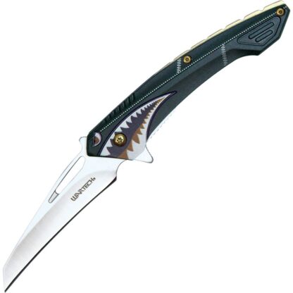 Assisted Open Folding Pocket Knife Green with Flying Shark Design